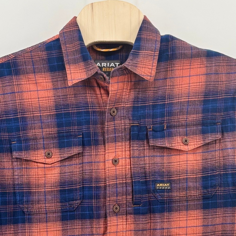 Ariat Rebar Mens Large Orange Navy Blue Plaid Flannel Work Shirt Button Down L - Picture 2 of 11